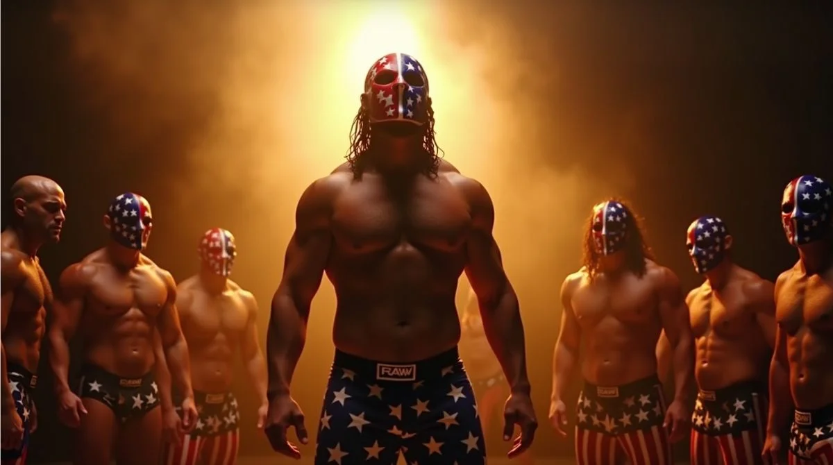 El Grande Americano in mask and singlet backstage with WWE RAW faction